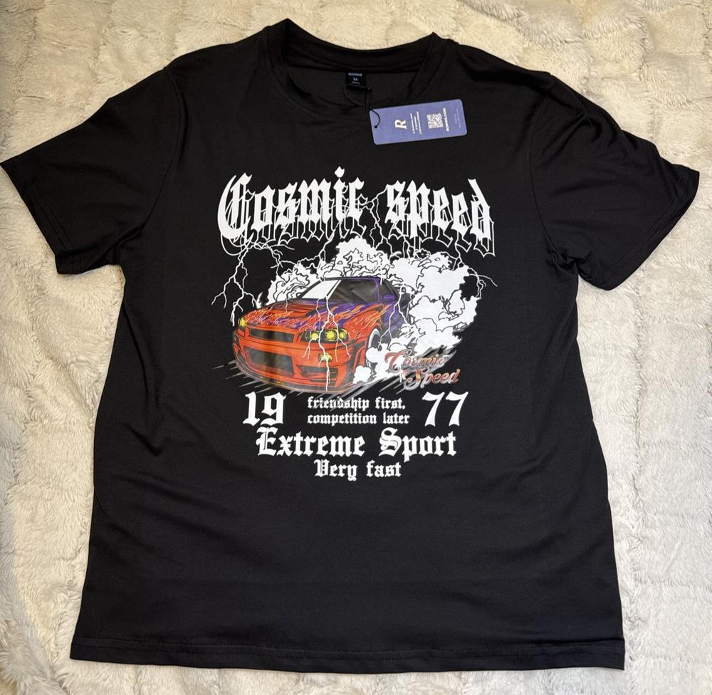 Romwe Men's Black T-Shirt Medium 1977 Cosmic Speed Car Graphics NWT